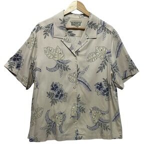 Tommy Bahama Mens Silk Stretch XL‎ Tropical Floral Camp Shirt Beige Blue Preppy